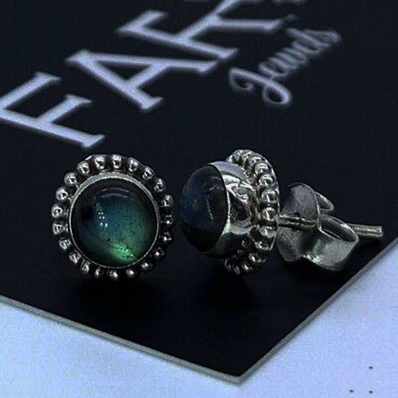 Elegant 925 Sterling Silver Labradorite Round Earrings Studs Gemstone