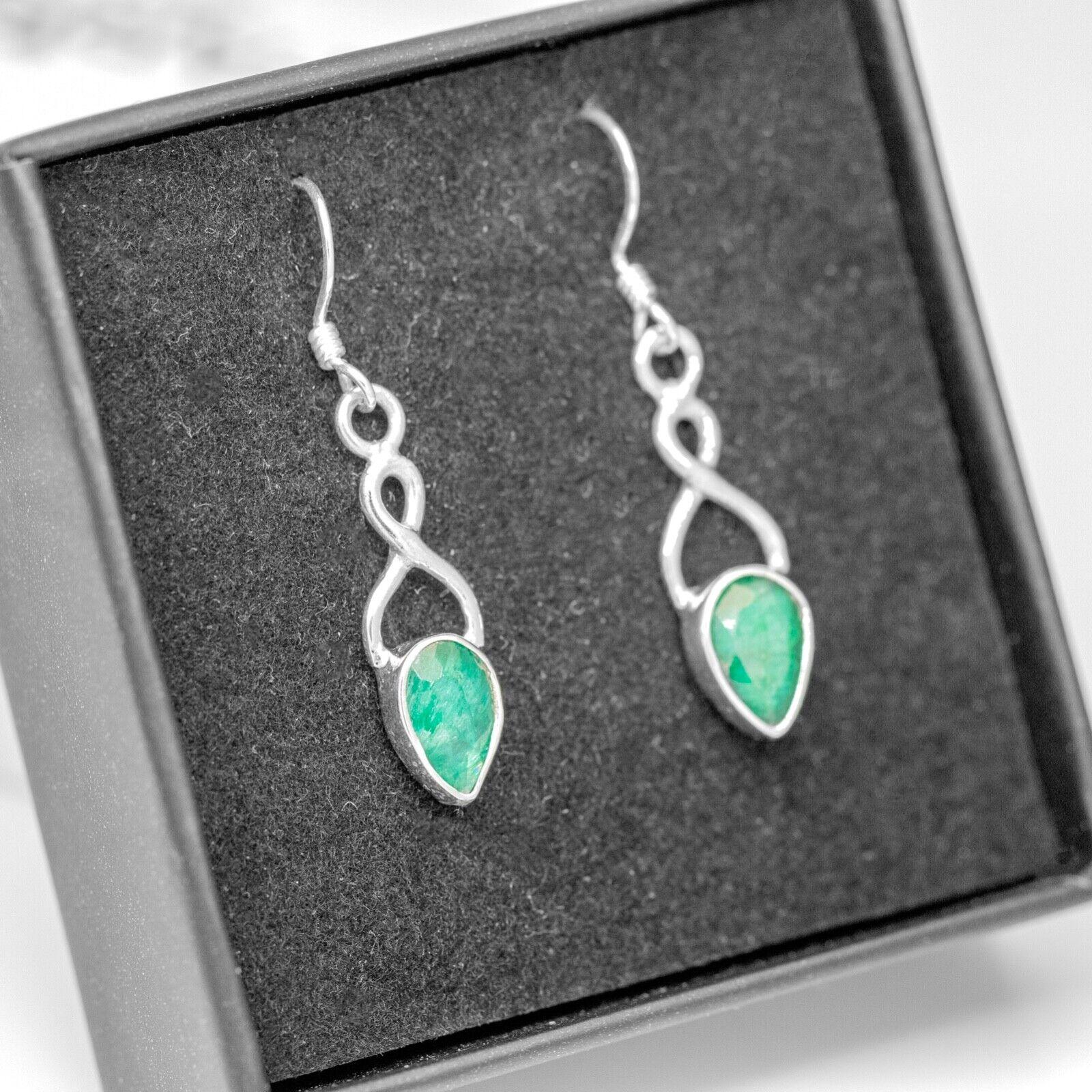 Emerald Gemstone 925 Sterling Silver Infinity Drop Dangle Earrings Jewellery