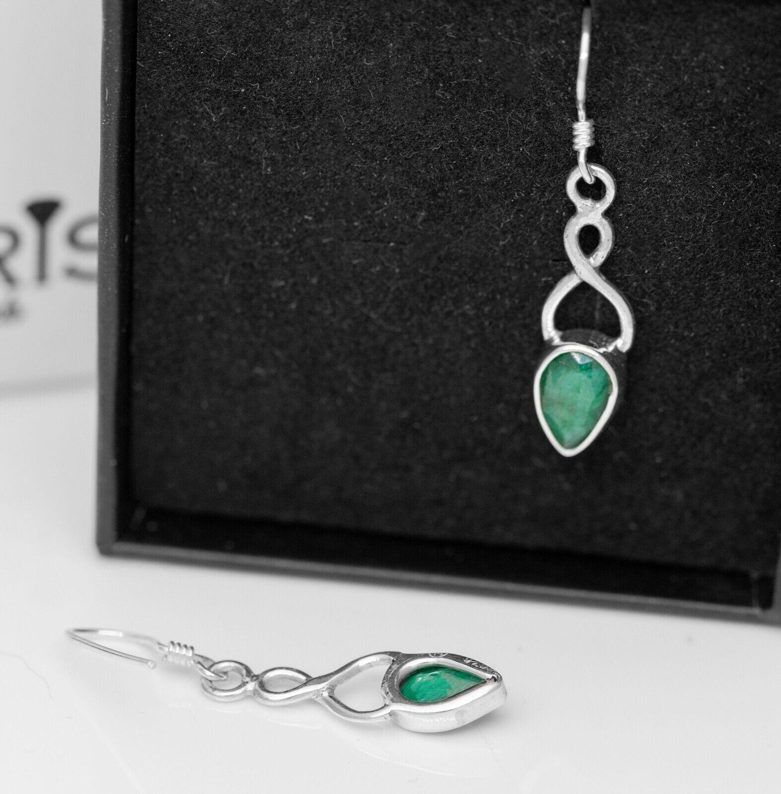 Emerald Gemstone 925 Sterling Silver Infinity Drop Dangle Earrings Jewellery