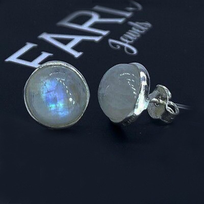 Genuine 925 Sterling Silver Round Moonstone Earrings Studs Gemstone
