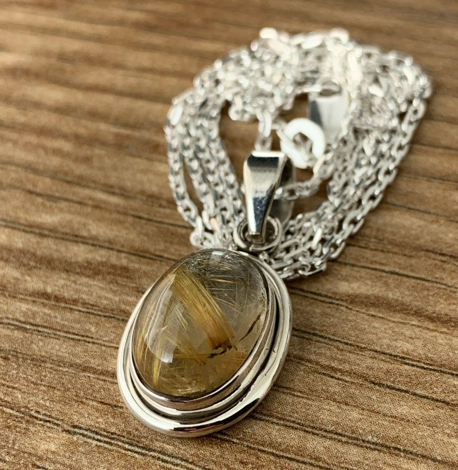 Golden Rutile Quartz Gemstone Pendant Sterling 925 Necklace Jewellery Gift