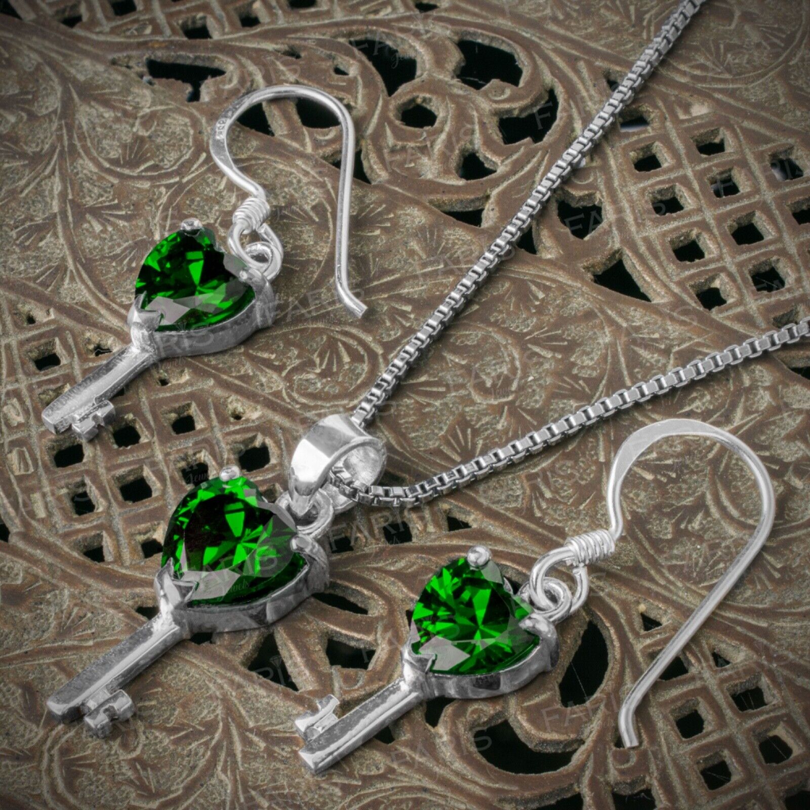 Green Emerald Gemstone Pendant and Earring Set Key To My Heart Gift Jewellery