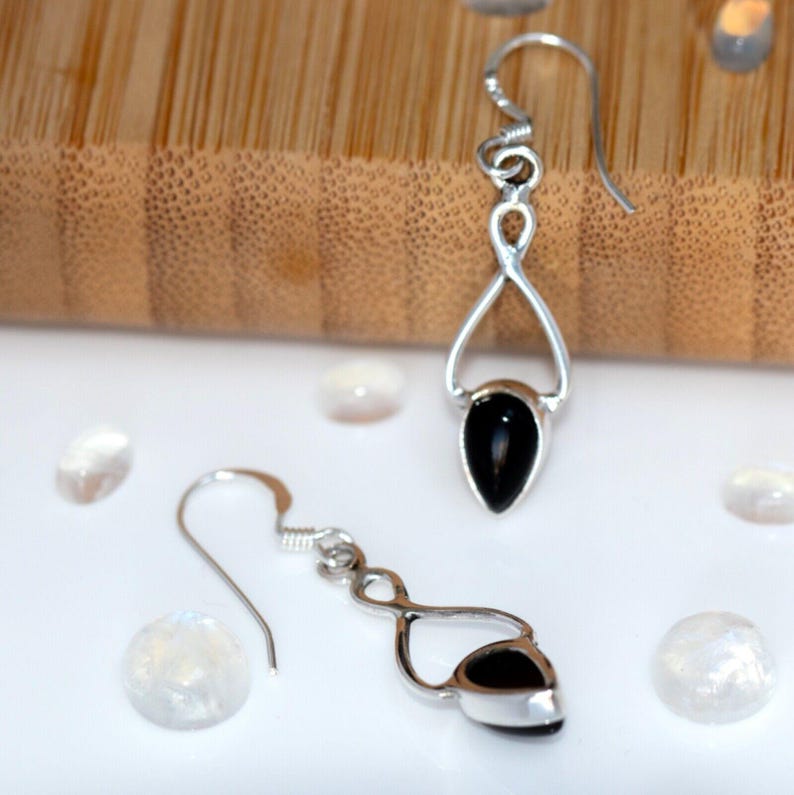 925 Sterling Silver Black Onyx Gemstone Infinity Drop Dangle Earrings Jewellery