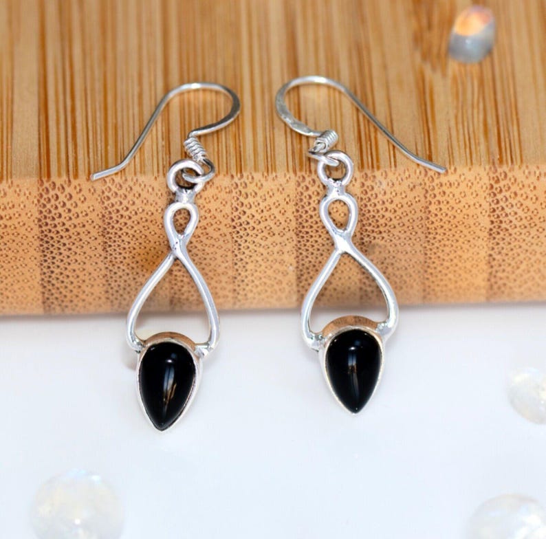 925 Sterling Silver Black Onyx Gemstone Infinity Drop Dangle Earrings Jewellery