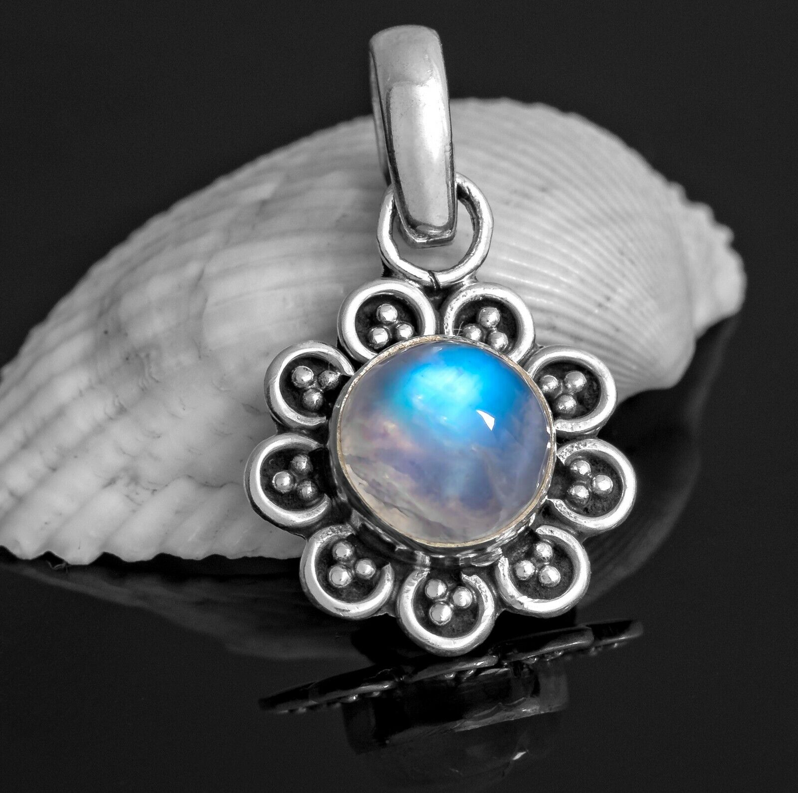 Moonstone Sterling Silver 925 Gemstone Pendant Flower Necklace Jewellery