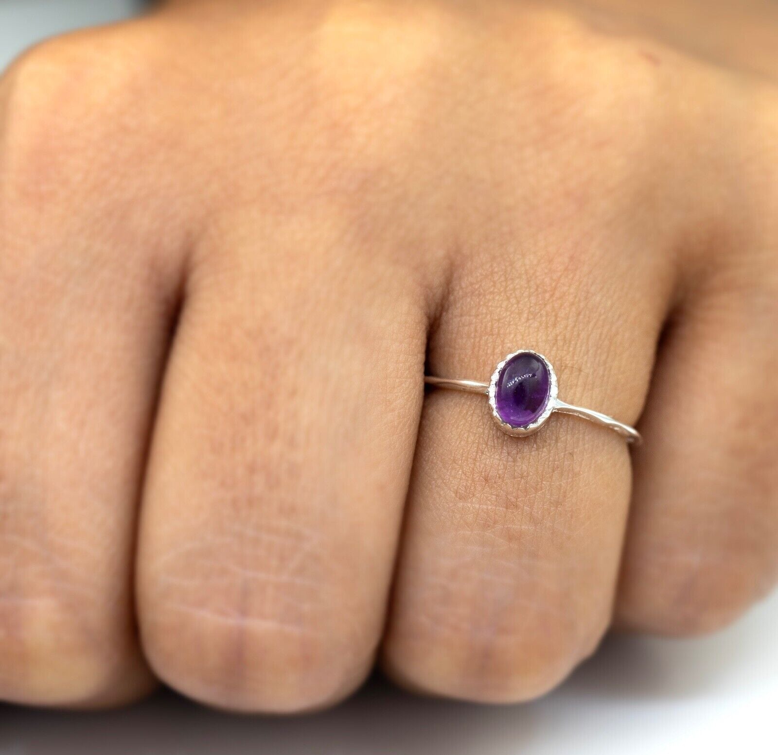 Oval Purple Amethyst Crystal Sterling Silver Dainty Ring Ladies Jewellery Gift