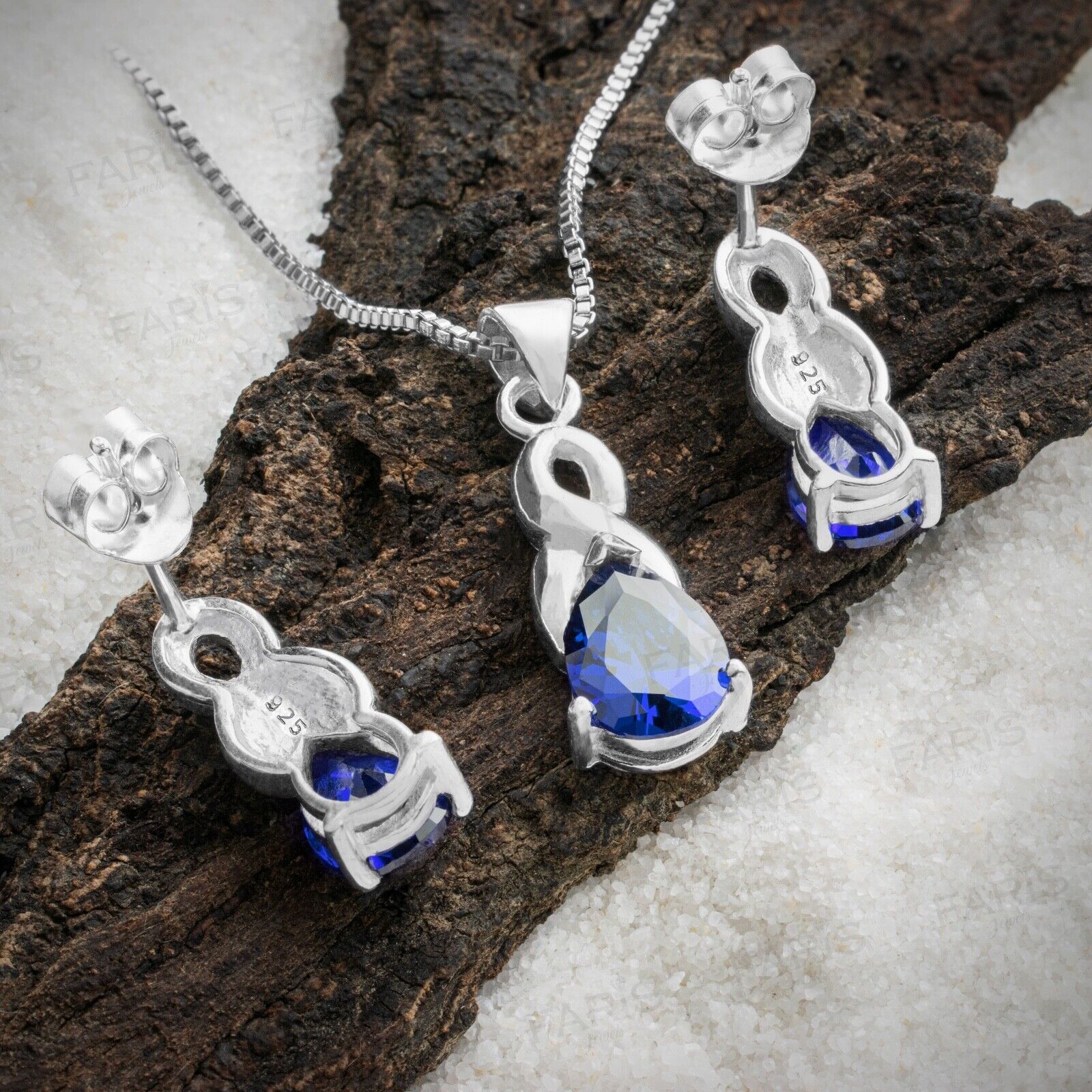 Pear Cut Blue Sapphire Gemstone Pendant and Earring Set Infinity Gift Jewellery