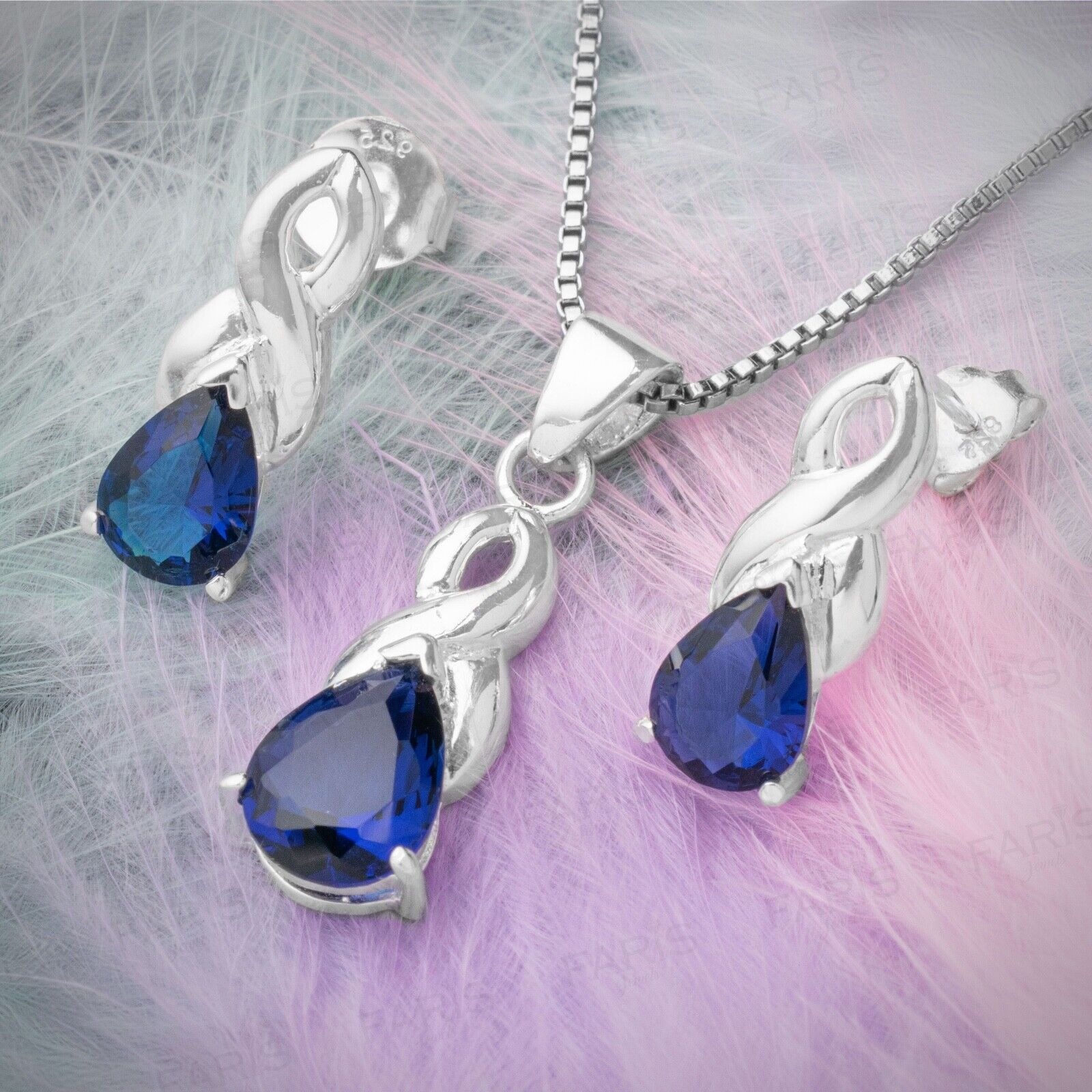Pear Cut Blue Sapphire Gemstone Pendant and Earring Set Infinity Gift Jewellery