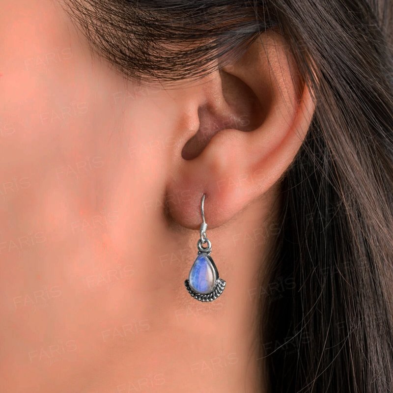 Pear Cut Moonstone Gemstone Sterling Silver Drop Dangle Fan Earrings Boxed
