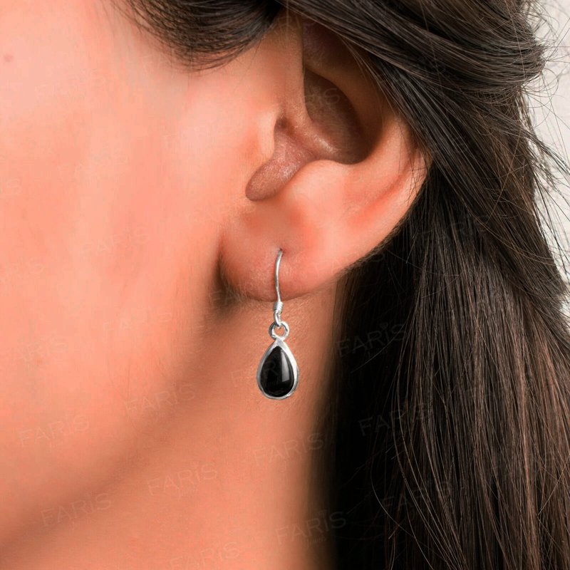Pear Cut Onyx Sterling Silver Drop Dangle Earrings Ladies Gemstone Jewellery