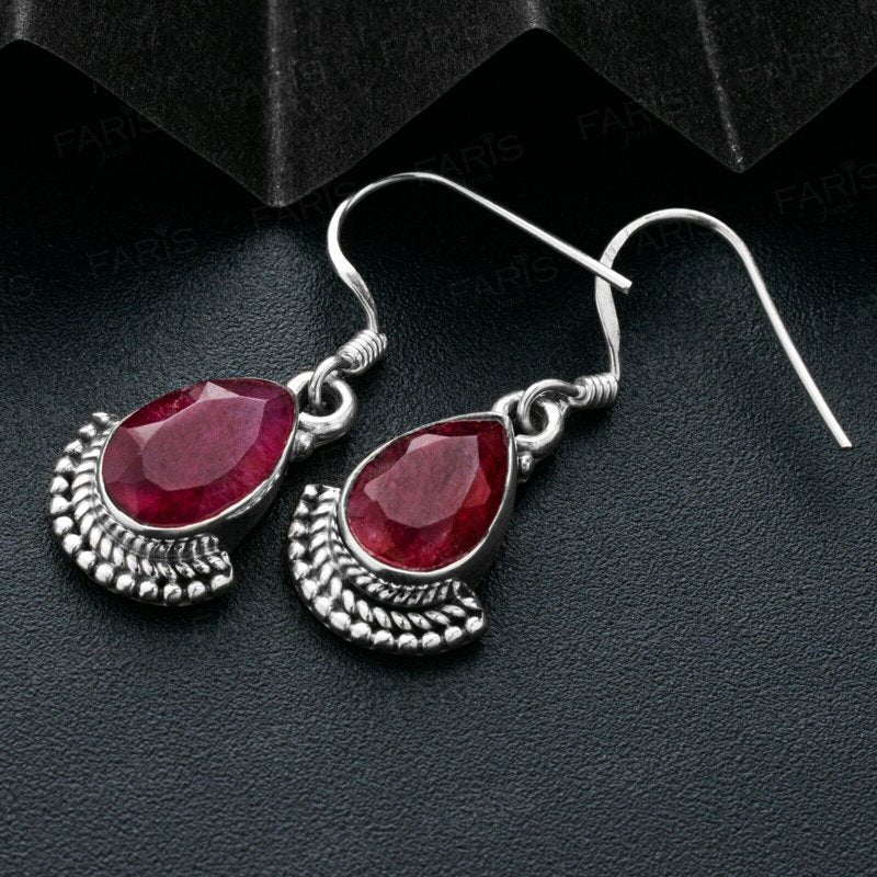 Pear Cut Red Ruby Gemstone Sterling Silver Drop Dangle Fan Earrings Jewellery