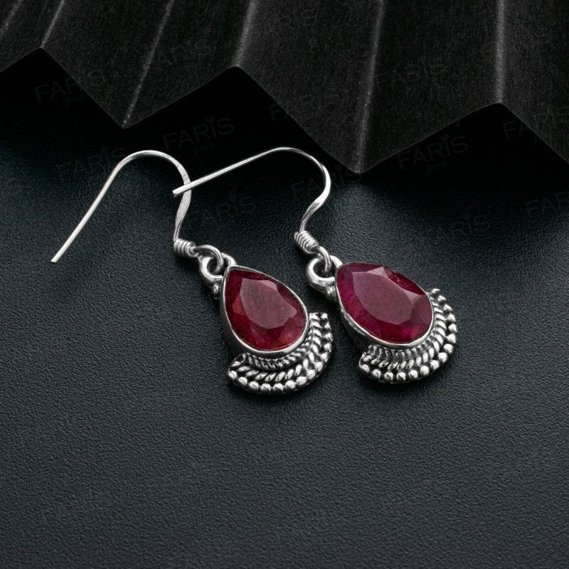 Pear Cut Red Ruby Gemstone Sterling Silver Drop Dangle Fan Earrings Jewellery