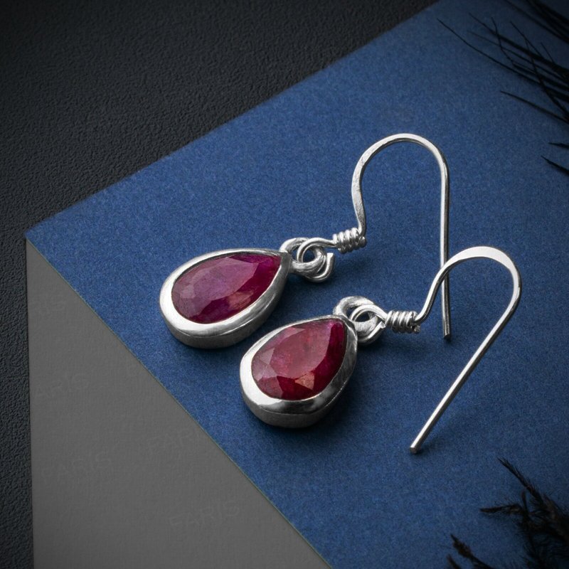 Pear Cut Ruby Sterling Silver Drop Dangle Earrings Ladies Gemstone Jewellery