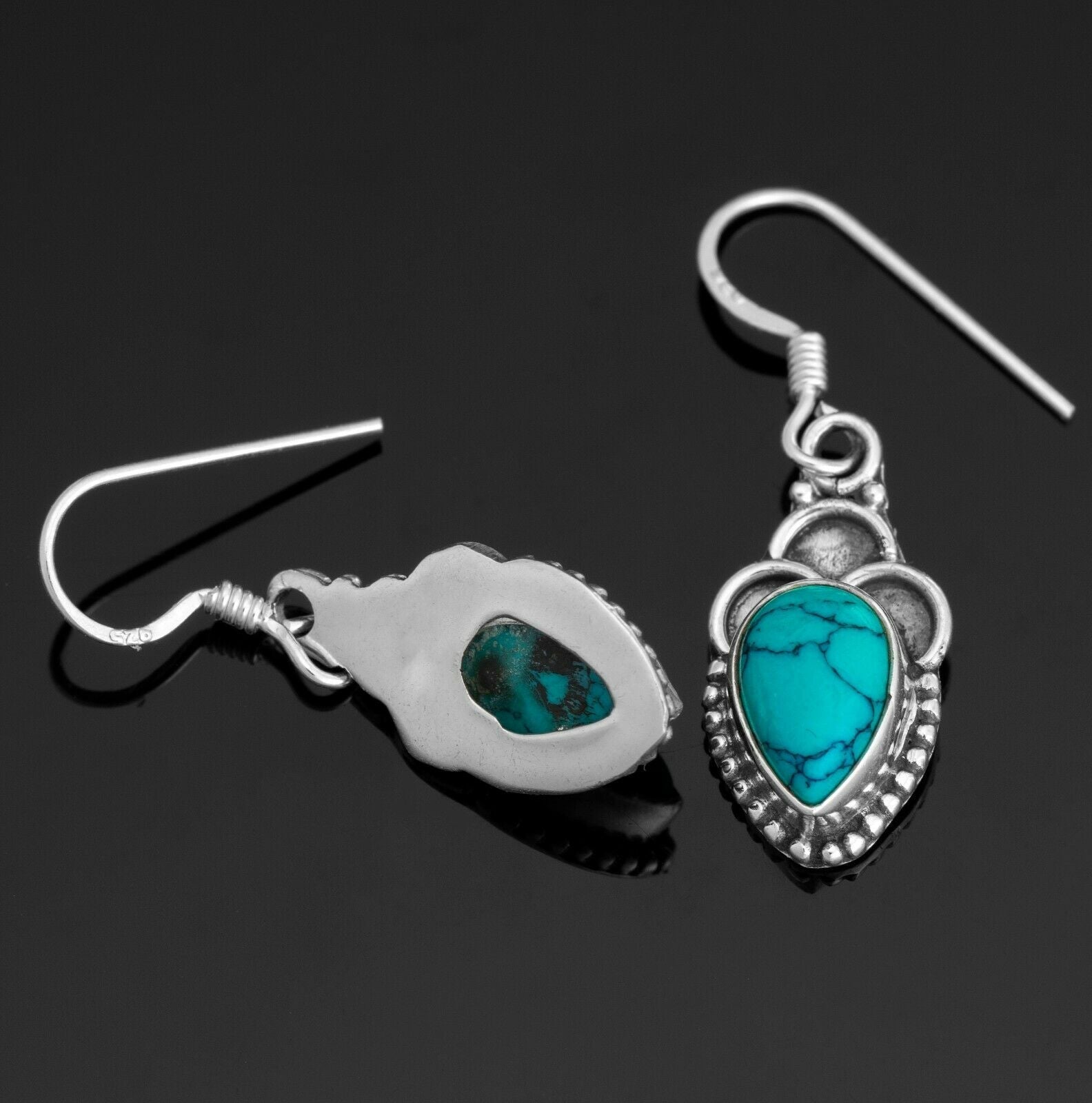 Pear Turquoise 925 Sterling Silver Gemstone Drop Dangle Earrings Jewellery