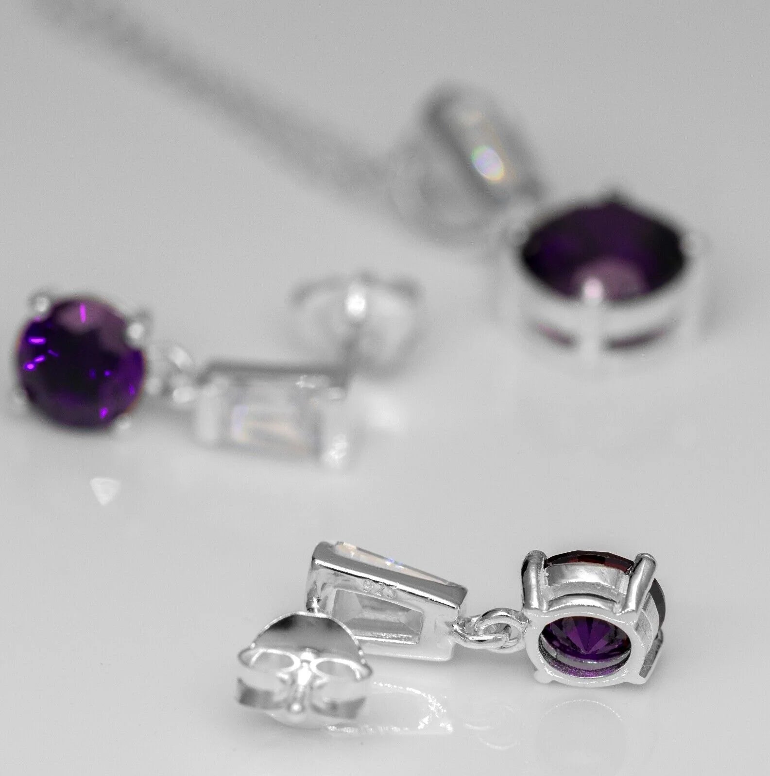 Purple Amethyst And Diamond Sterling Silver Ladies Pendant Necklace Earrings Set