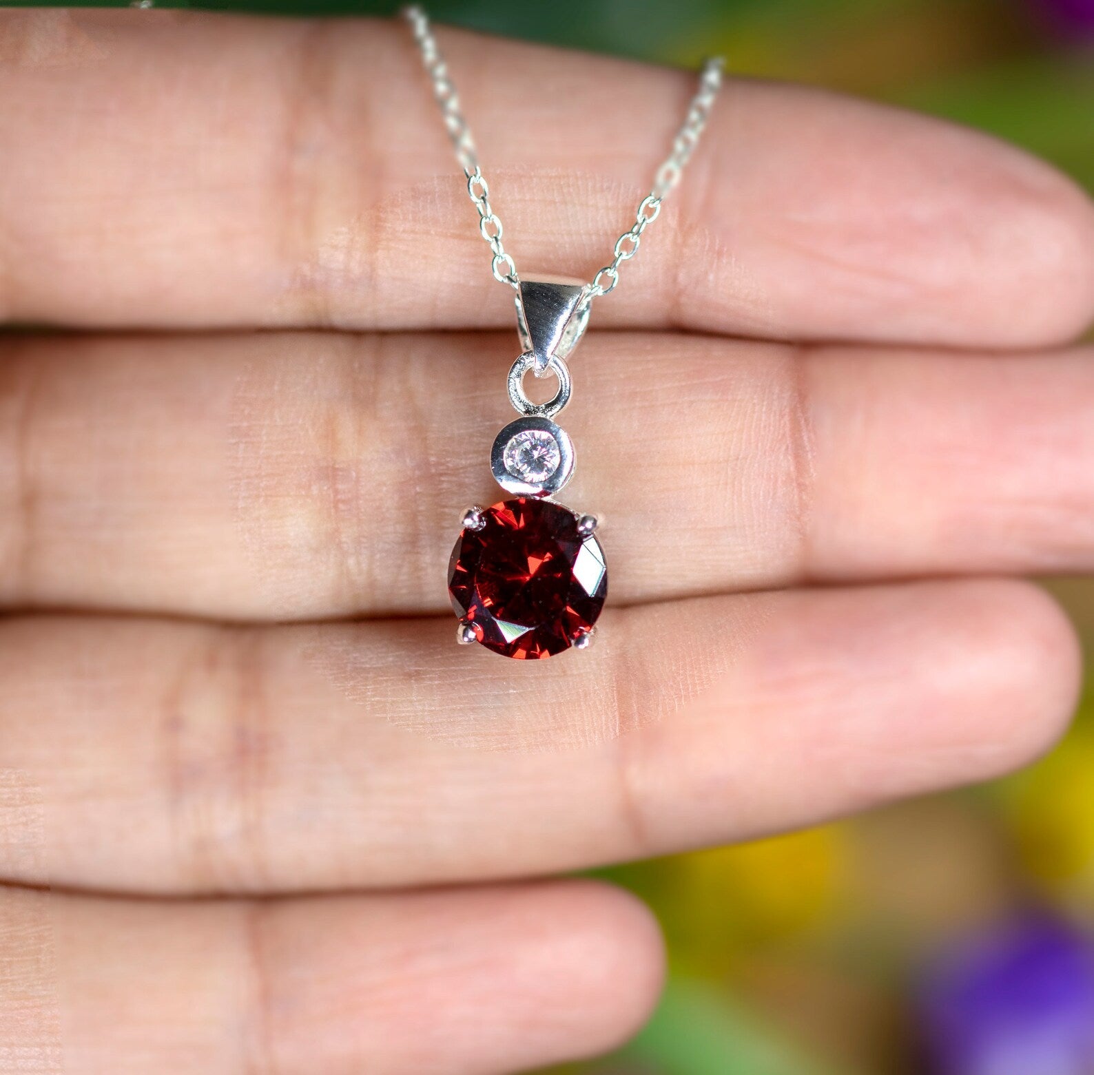 Red Garnet And Diamond Sterling Silver Pendant Necklace Ladies Jewellery Gift