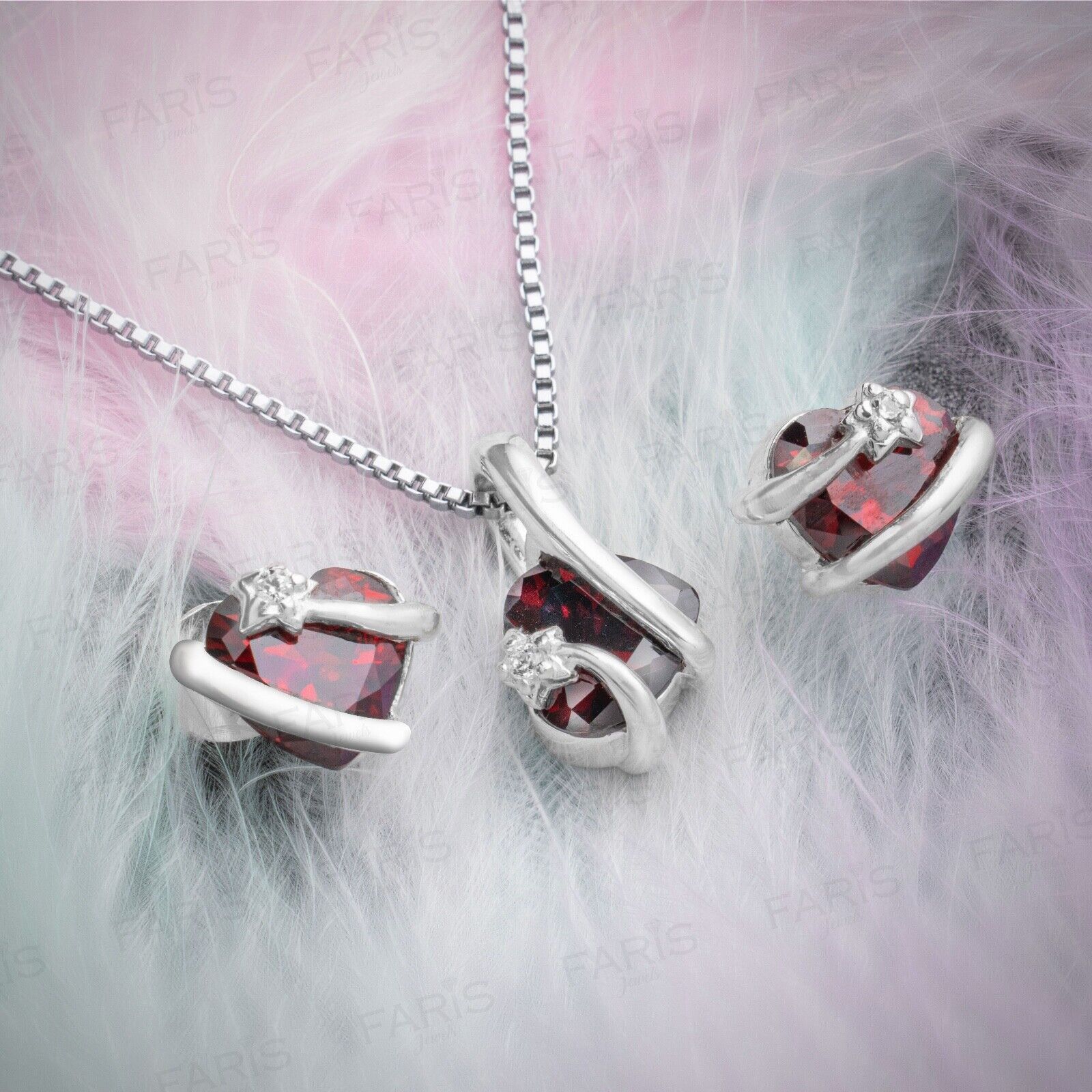 Red Garnet Gemstone Pendant and Earring Set Wrapped Heart Love Gift Jewellery
