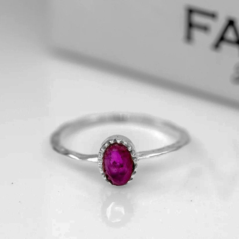 Simulated Oval Red Ruby Crystal Sterling Silver Dainty Ring Women's Jewellery