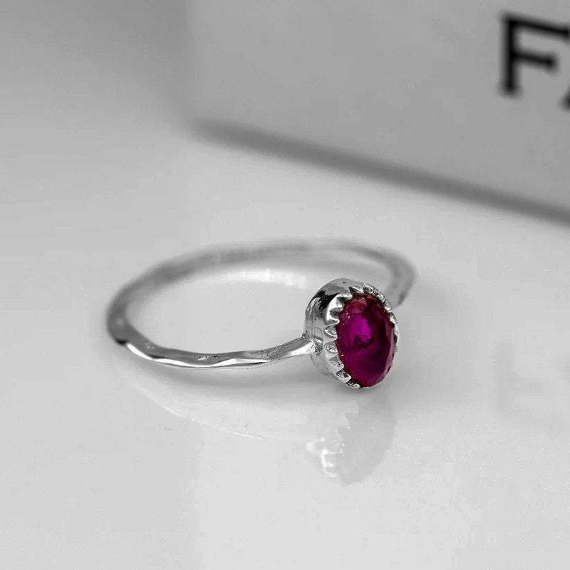 Simulated Oval Red Ruby Crystal Sterling Silver Dainty Ring Women's Jewellery
