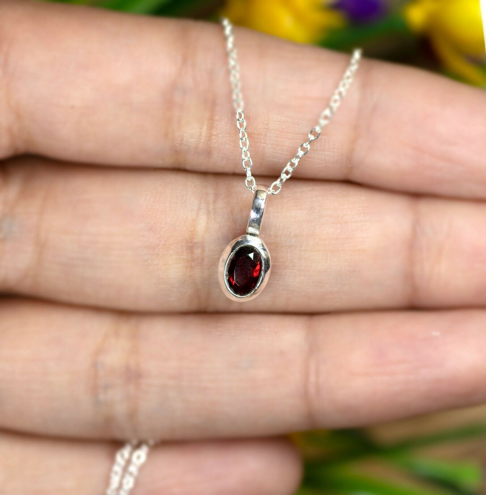 Small Oval Red Garnet Sterling 925 Silver Pendant Necklace Ladies Jewellery Gift