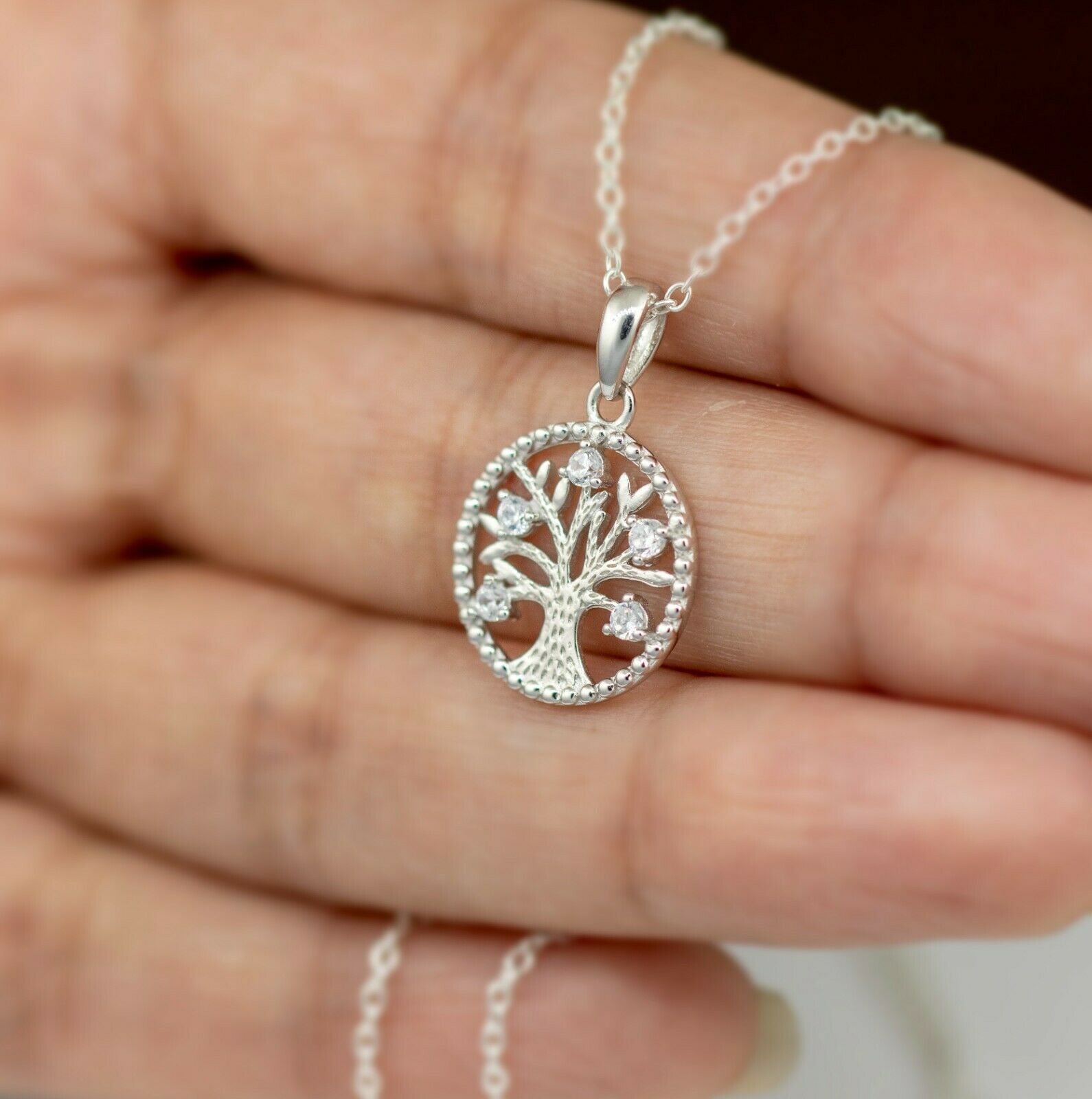 Sterling Silver 925 Diamond Pendant Necklace Tree Of Life Ladies Jewellery Gift