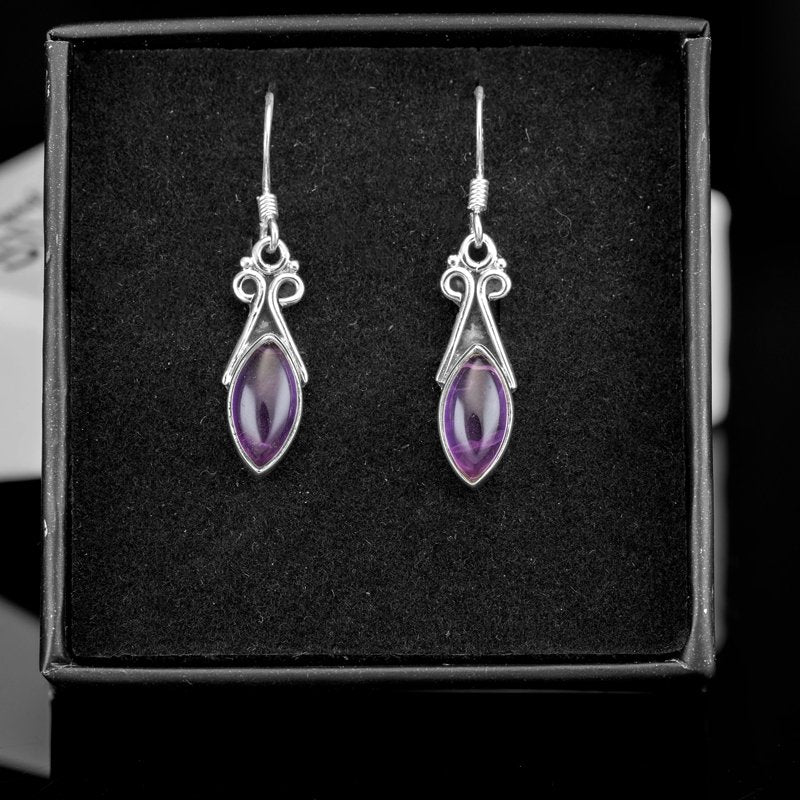 Sterling Silver 925 Ladies Marquise Gemstone Purple Amethyst Drop Dangle Earrings Jewellery Gift Jewelry