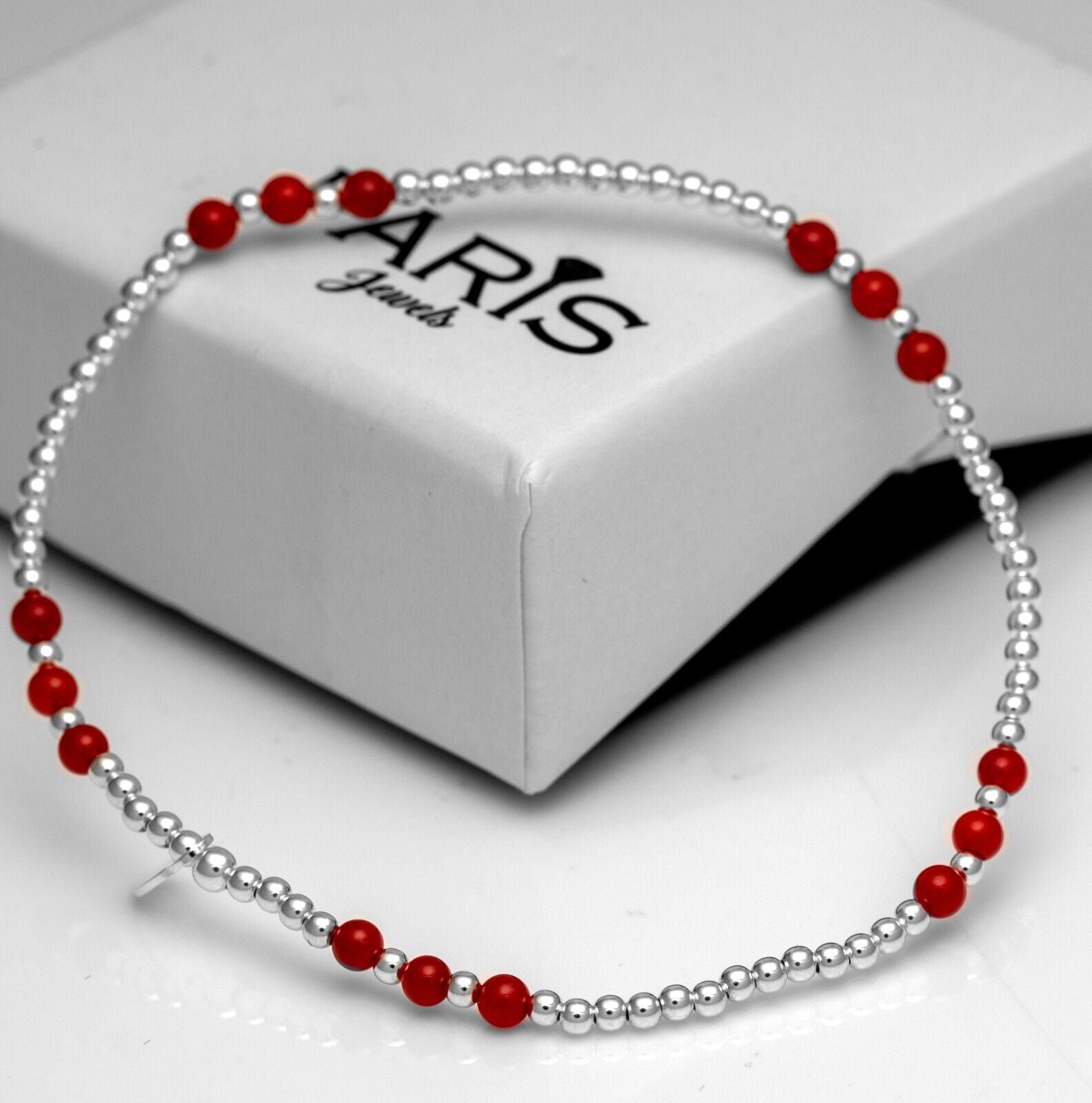 Sterling Silver 925 Ladies Red Onyx Stretch Bracelet Bead Gemstone Jewellery