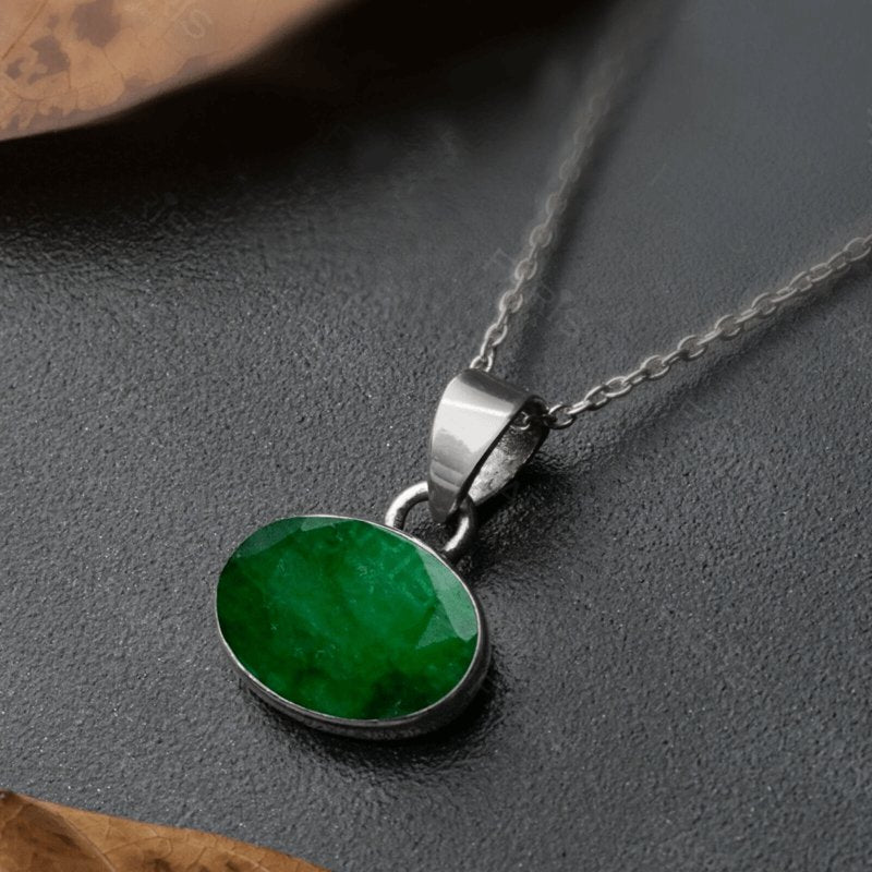 Sterling Silver 925 Oval Cut Green Emerald Gemstone Pendant Necklace Jewellery