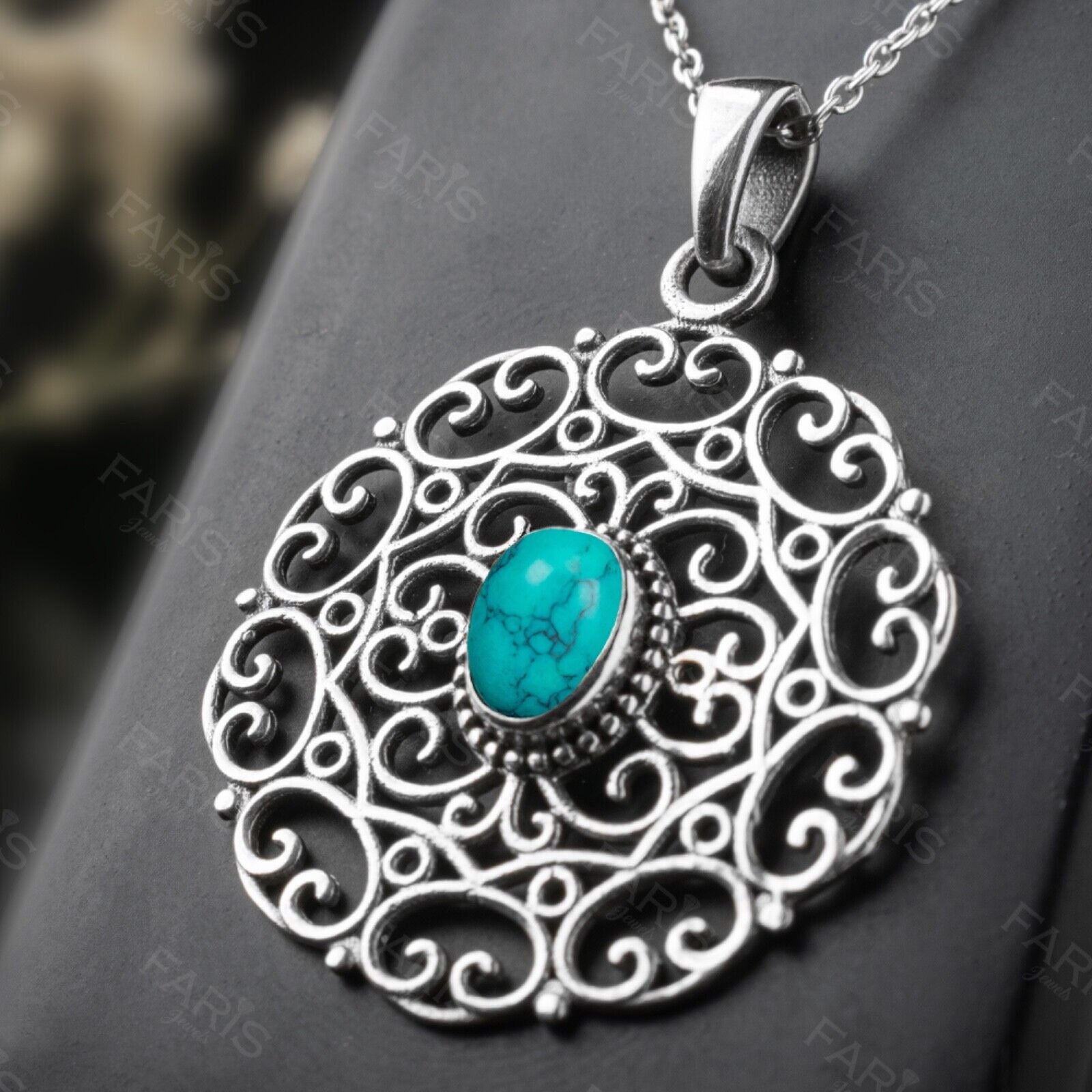 Sterling Silver 925 Oval Cut Turquoise Gemstone Pendant Necklace Vintage Design
