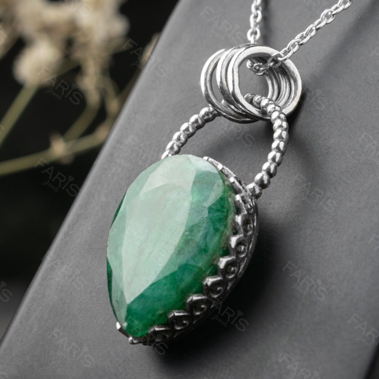 Sterling Silver 925 Pear Cut Green Emerald Gemstone Pendant Necklace Jewellery