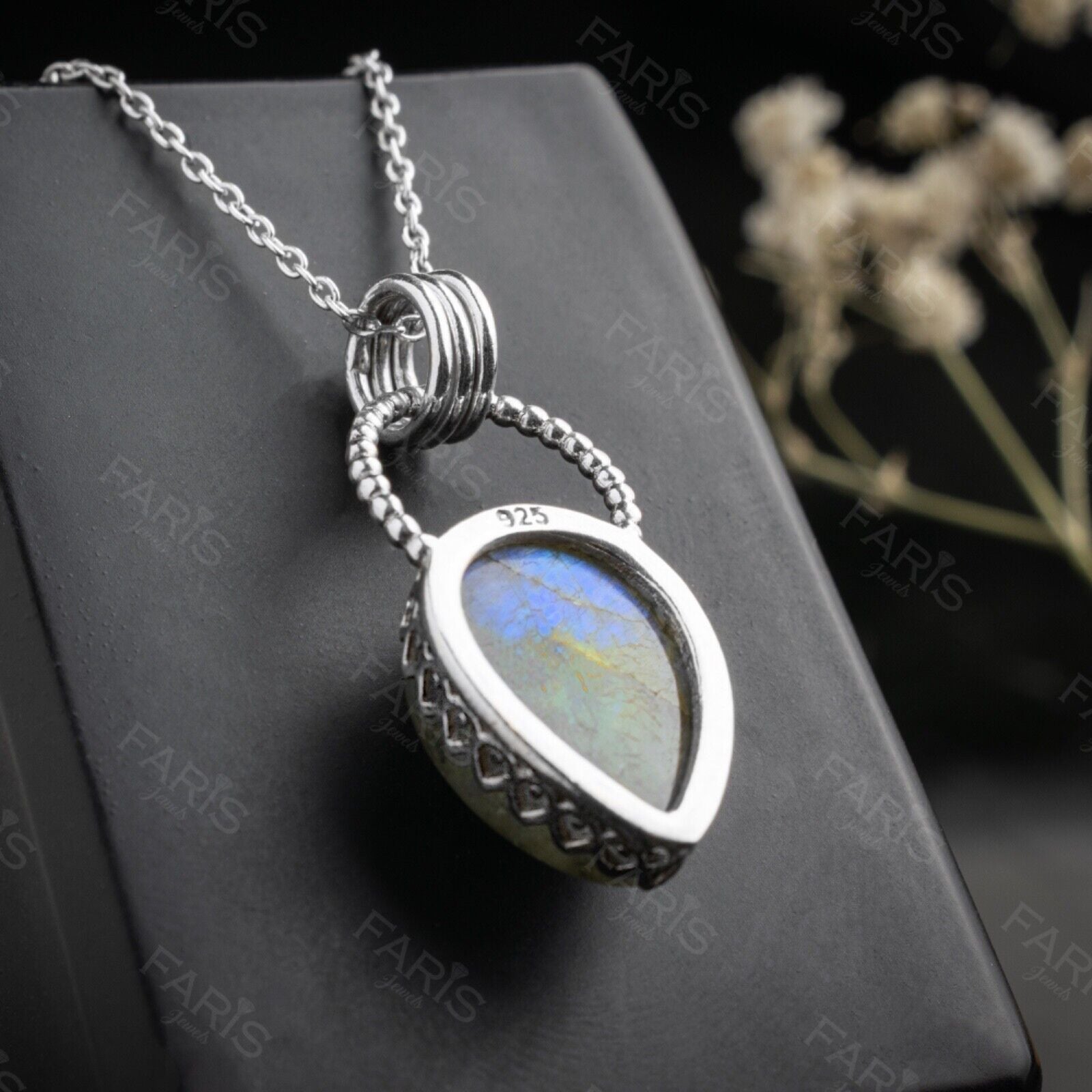 Sterling Silver 925 Pear Cut Labradorite Gemstone Pendant Necklace Jewellery