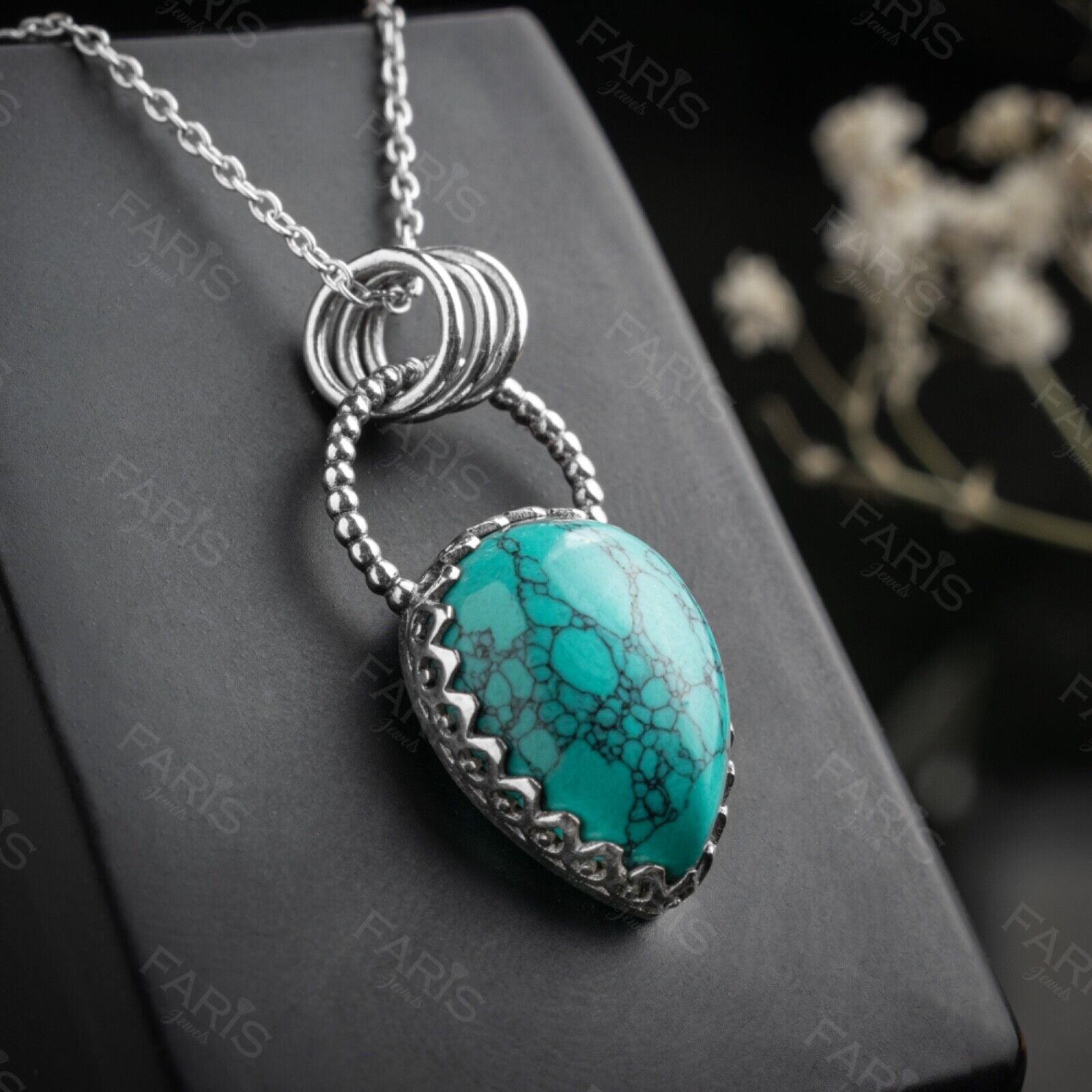 Sterling Silver 925 Pear Cut Turquoise Gemstone Pendant Necklace Jewellery