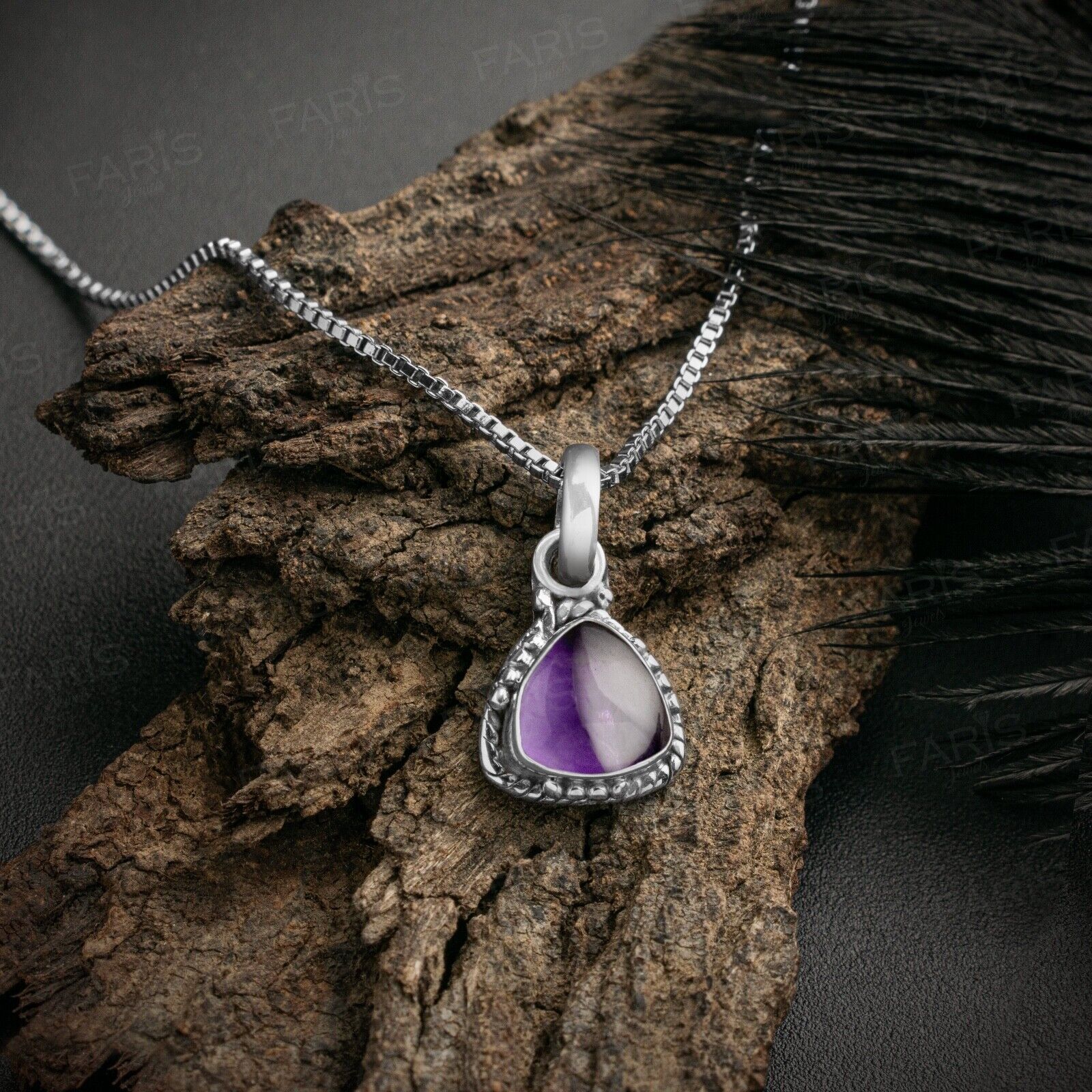 Sterling Silver 925 Purple Amethyst Trillion Gemstone Pendant Necklace Jewellery