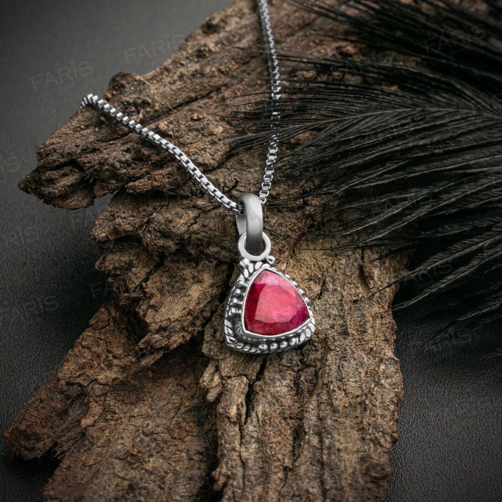 Sterling Silver 925 Red Ruby Trillion Gemstone Pendant Necklace Jewellery
