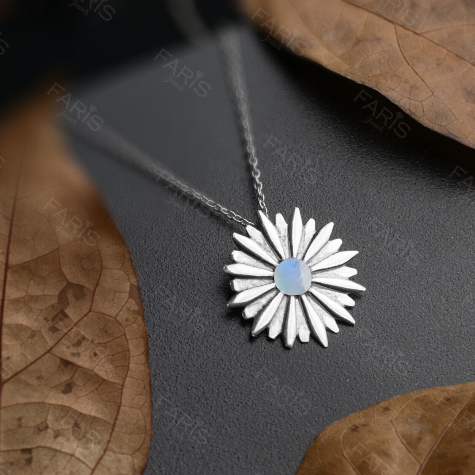 Sterling Silver 925 Round Cut Moonstone Gemstone Pendant Necklace Flower