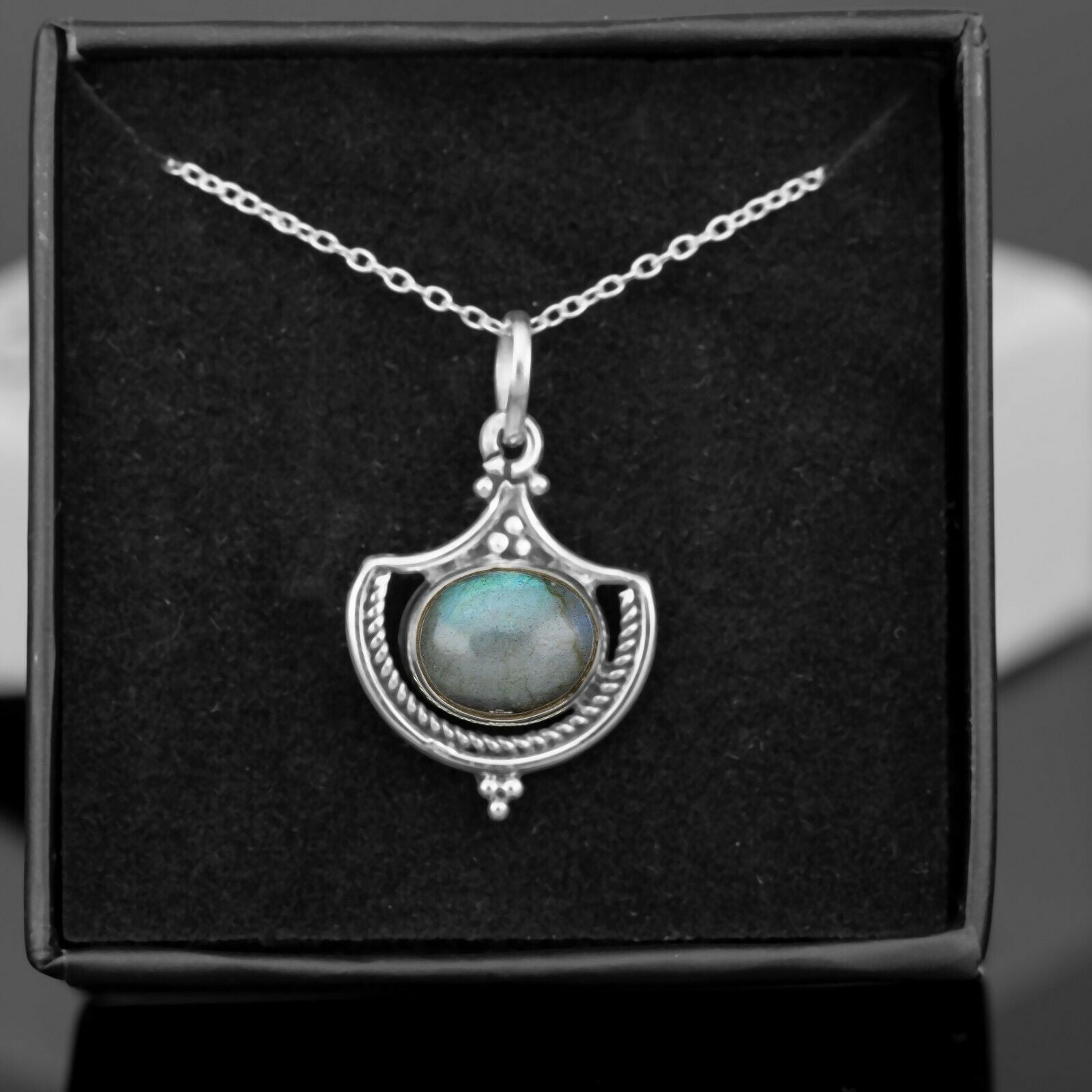 Sterling Silver 925 TURQUISE LABRADORITE MOONSTONE Ladies Oval Gemstone Pendant