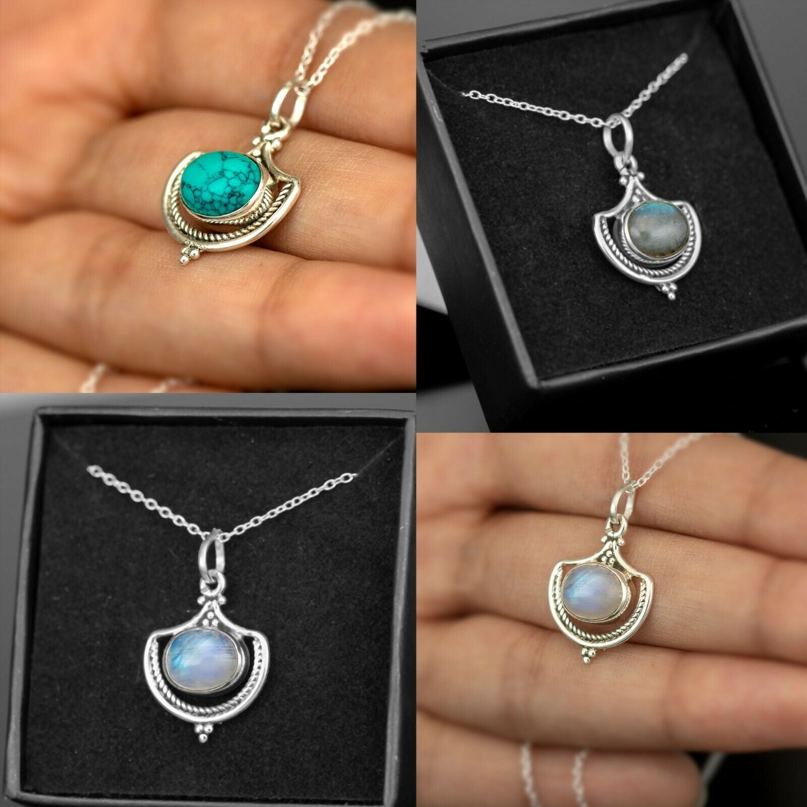 Sterling Silver 925 TURQUISE LABRADORITE MOONSTONE Ladies Oval Gemstone Pendant