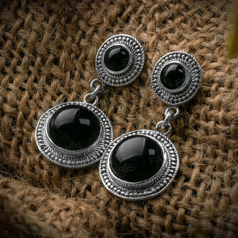 Sterling Silver Black Onyx Vintage Antique Drop Dangle Ladies Earrings Jewellery