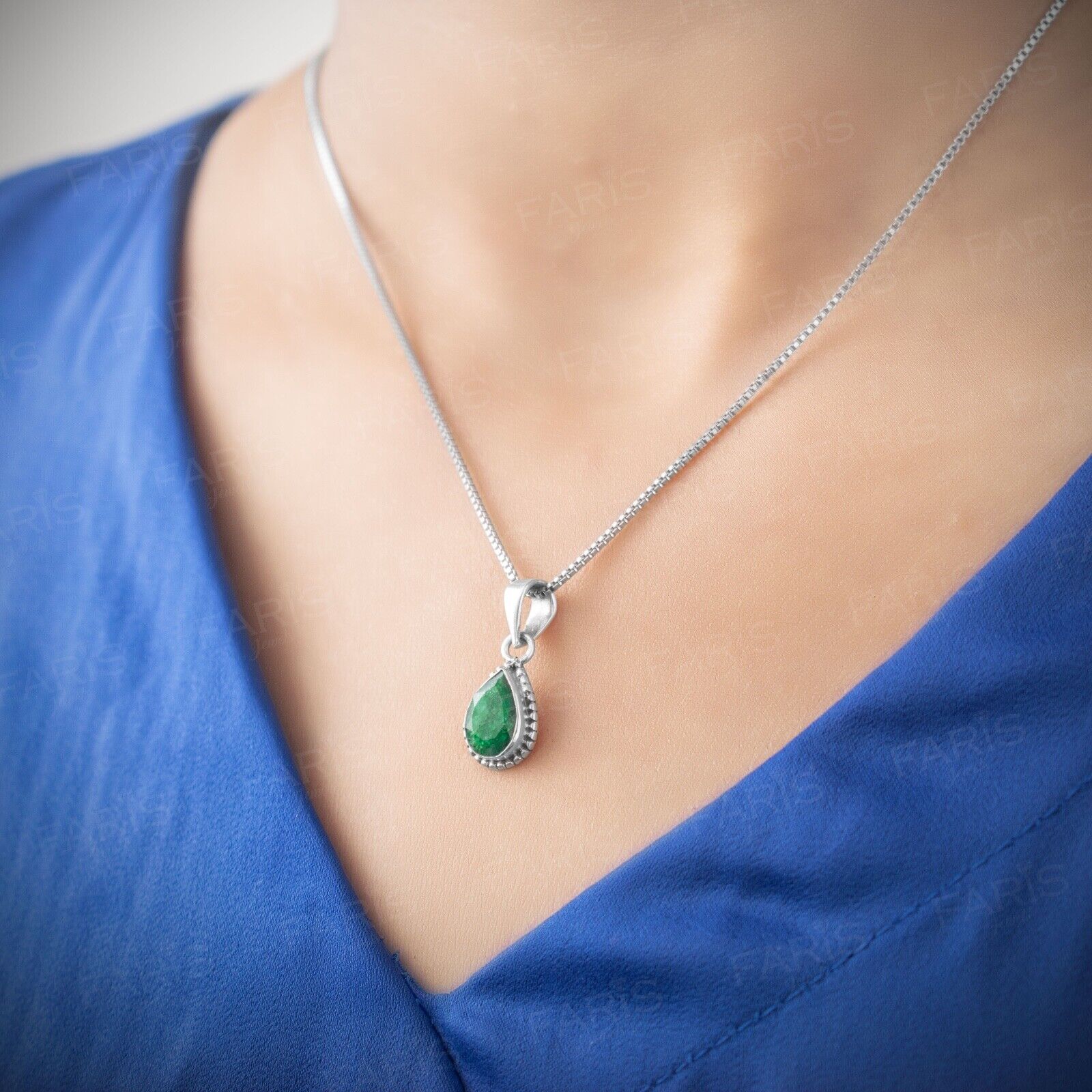 Sterling Silver Elegant Pear Cut Emerald Gemstone Pendant Necklace Ladies Jewellery