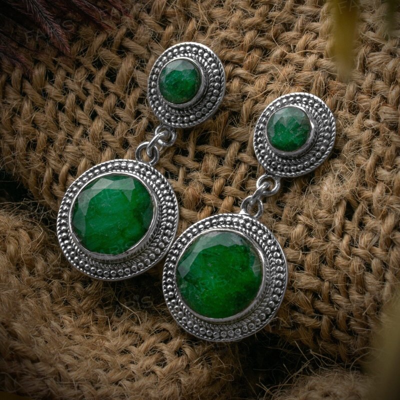 Sterling Silver Green Emerald Vintage Antique Dangle Ladies Earrings Jewellery