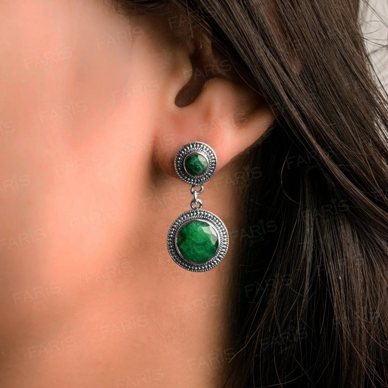 Sterling Silver Green Emerald Vintage Antique Dangle Ladies Earrings Jewellery