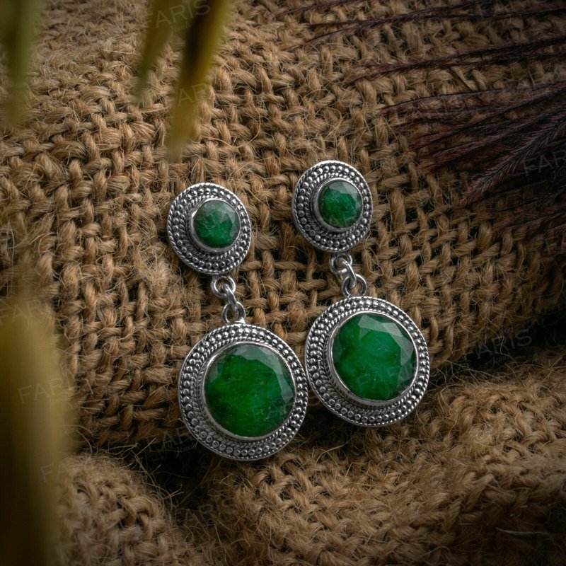 Sterling Silver Green Emerald Vintage Antique Dangle Ladies Earrings Jewellery