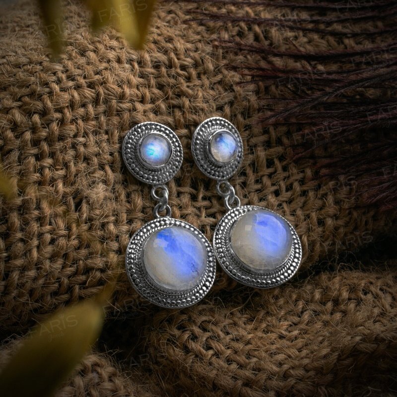 Sterling Silver Moonstone Vintage Antique Dangle Ladies Earrings Jewellery