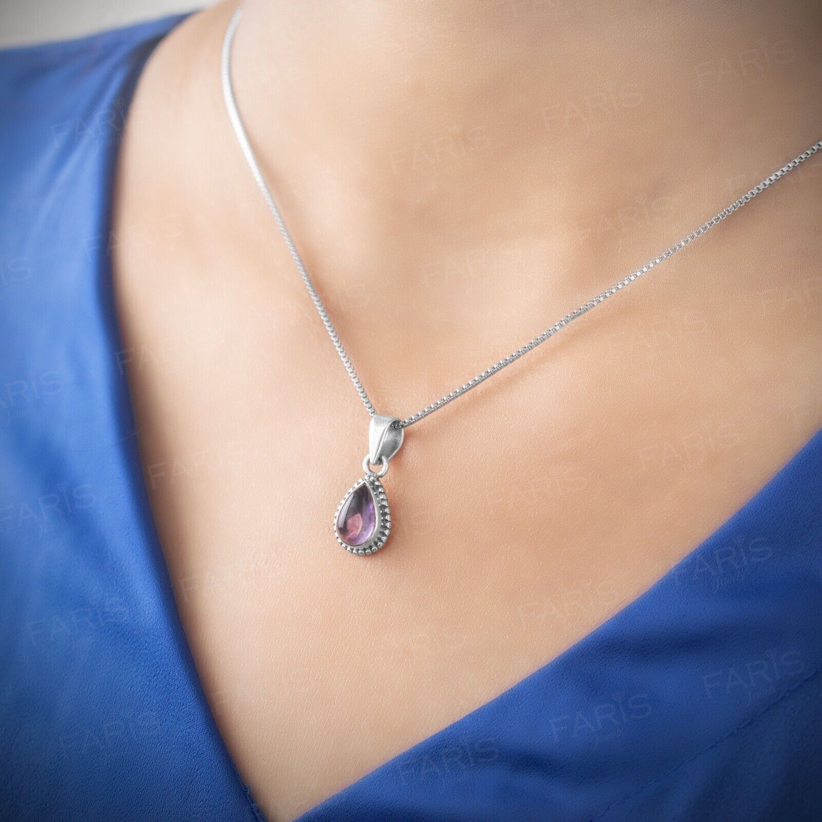 Sterling Silver Pear Cut Amethyst Gemstone Pendant Necklace Ladies Jewellery