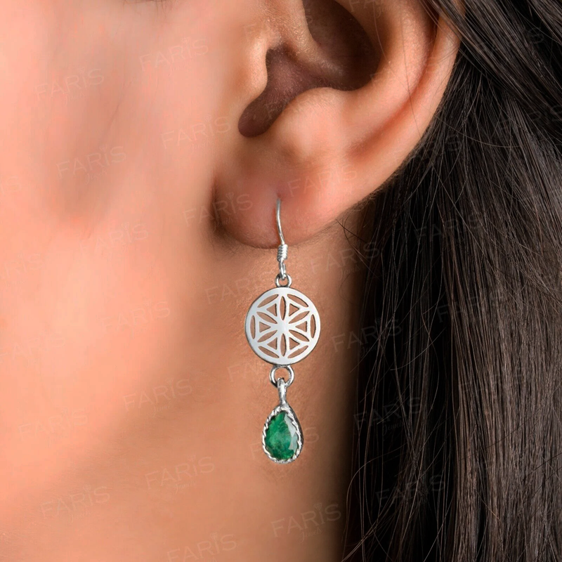 Sterling Silver Pear Cut Emerald Gemstone Drop Dangle Ladies Mandala Earrings