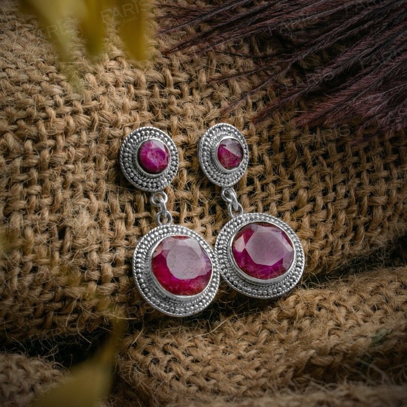 Sterling Silver Red Ruby Vintage Antique Drop Dangle Ladies Earrings Jewellery